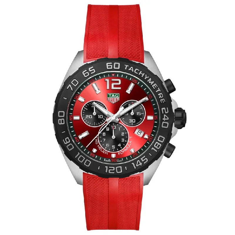 Women's Chronograph Watches with Luxury Materials-TAG Heuer Formula 1 43mm Red Dial Quartz Chronograph Gents Watch CAZ101AN.FT8055