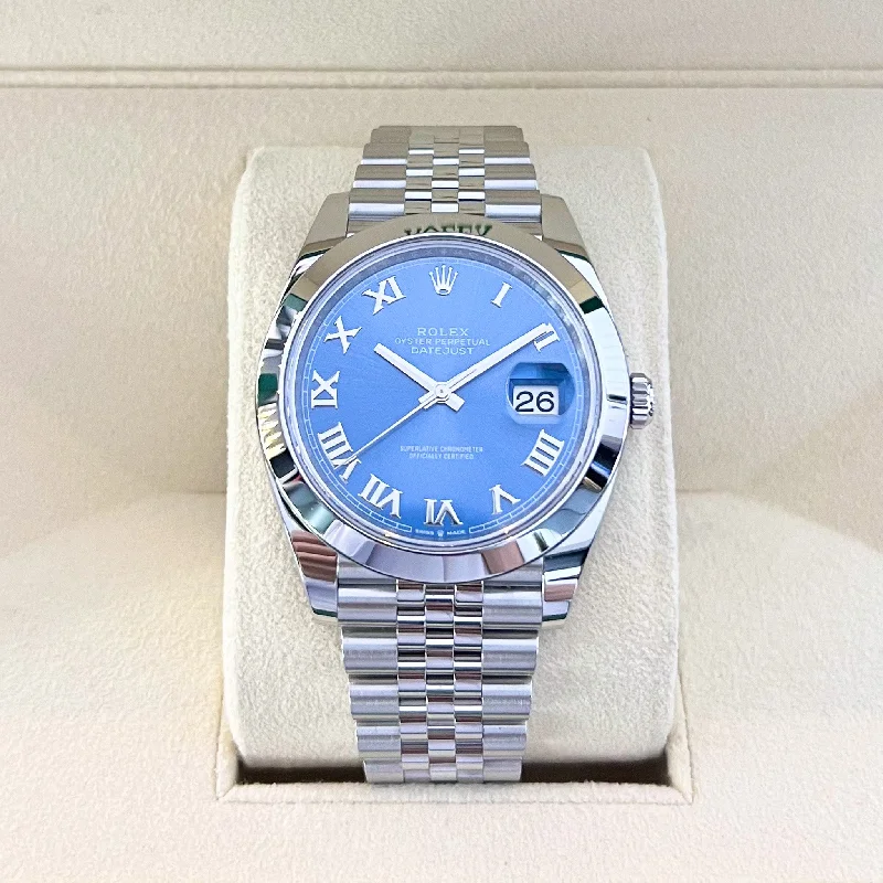men's Rolex watches with meteorite bezel -​Rolex Datejust41 41mm Steel Azzurro Blue Dial Numeral Markers 2024 Ref m126300-0018 (#865)