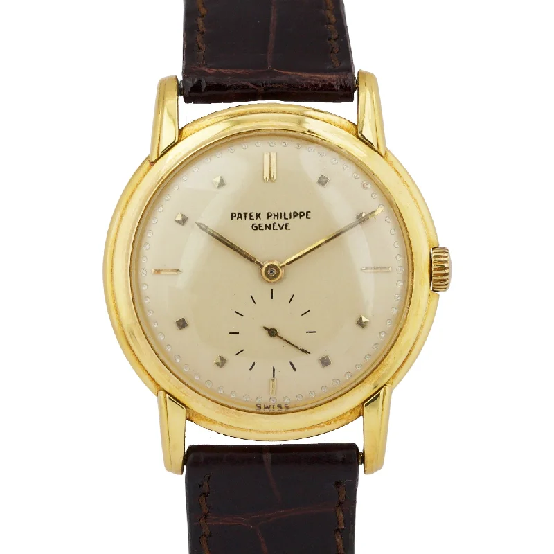 Women's Patek Philippe Cushion Case Style Watches-VINTAGE Patek Philippe Calatrava 34mm IVORY Manual 18K Yellow Gold Leather 2500