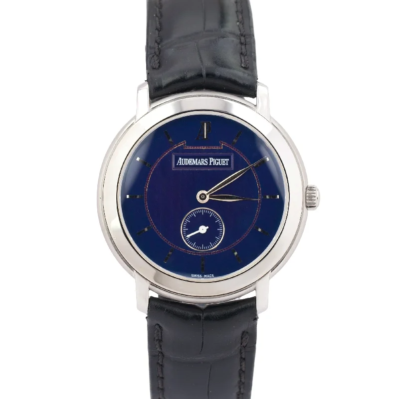 Women's Audemars Piguet New Year's Eve Style Watches-Audemars Piguet Jules BLUE 18K White Gold SMALL SECONDS Leather 36mm 15056BC