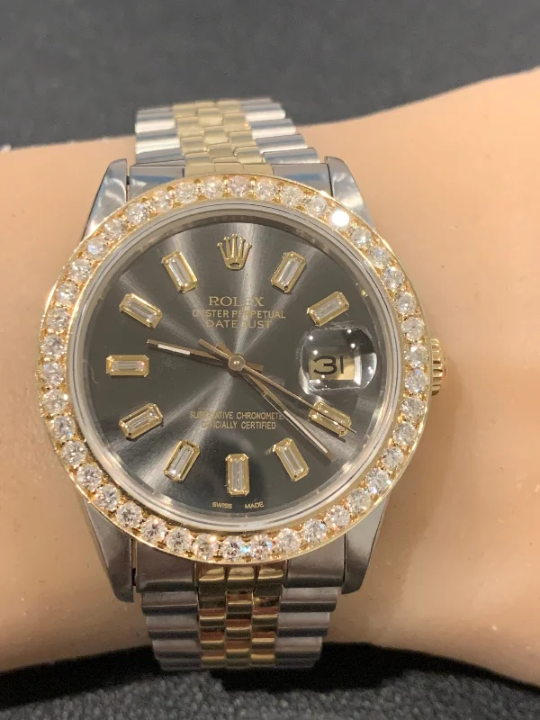 men's Rolex watches with guilloché dial -​16013 14k/Stainless steel Jubilee with Gray baguette dial 3ctw Diamond Bezel