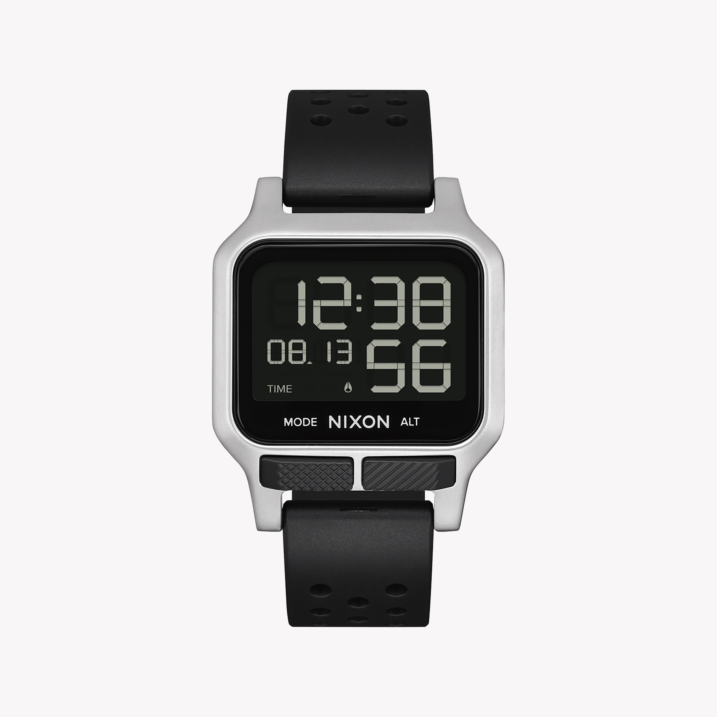 Men's Digital Watches with Dual Time Zones-Nixon Men's Black Rubber Watch, Silver Silicone Band | A1320-130