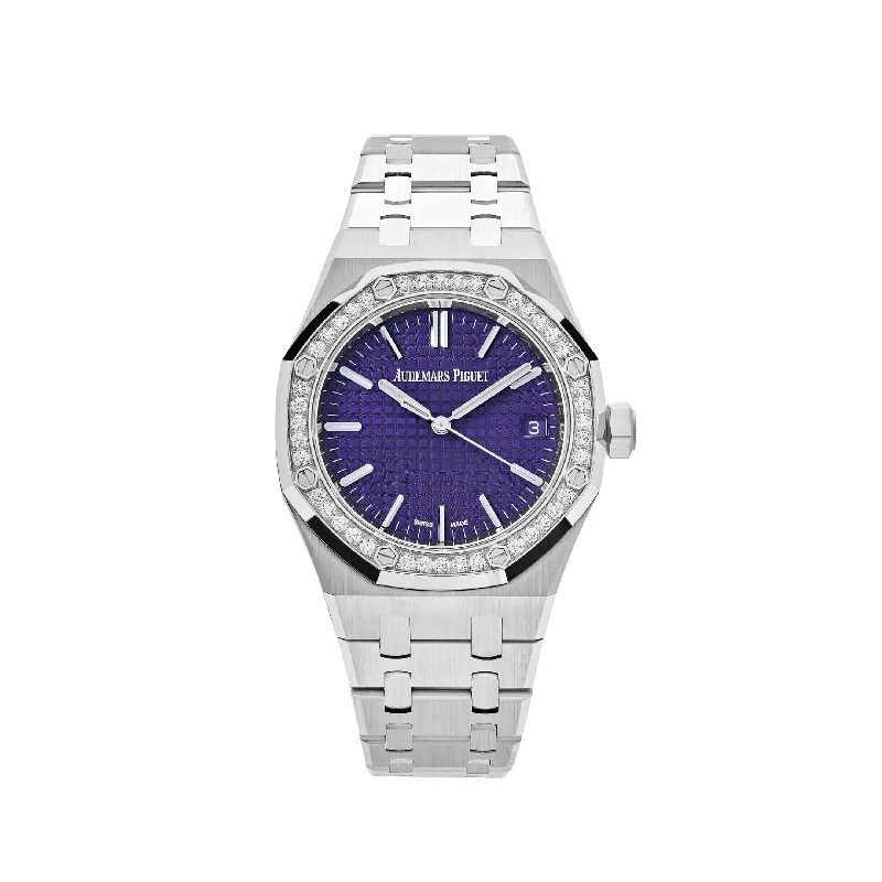 Men's Audemars Piguet Engraved Design Watches-Audemars Piguet Royal Oak 15551BC.ZZ.1356BC.02 White Gold Purple Dial Diamond Bezel Special Edition (2023)