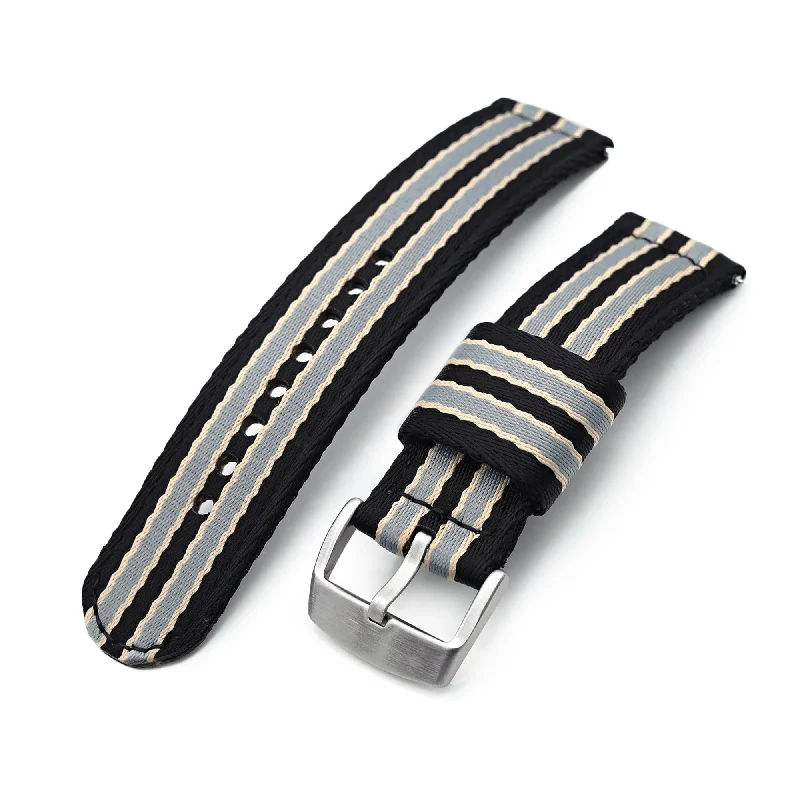Men's Military Watches for Hiking and Camping-22mm 2-pcs Seatbelt Nylon Watch Band, Black, Grey and Khaki Stripes, Brushed Buckle