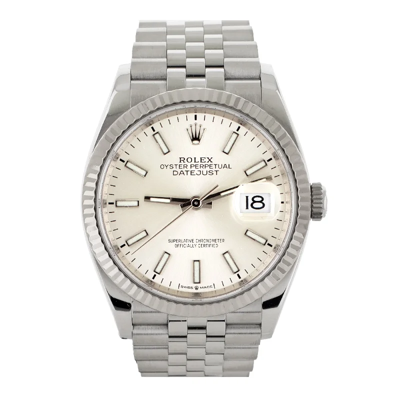 men's Rolex watches with jumping hour display -​Rolex Datejust 36 Stainless Steel Silver Dial 36mm 126234 Fluted Jubilee
