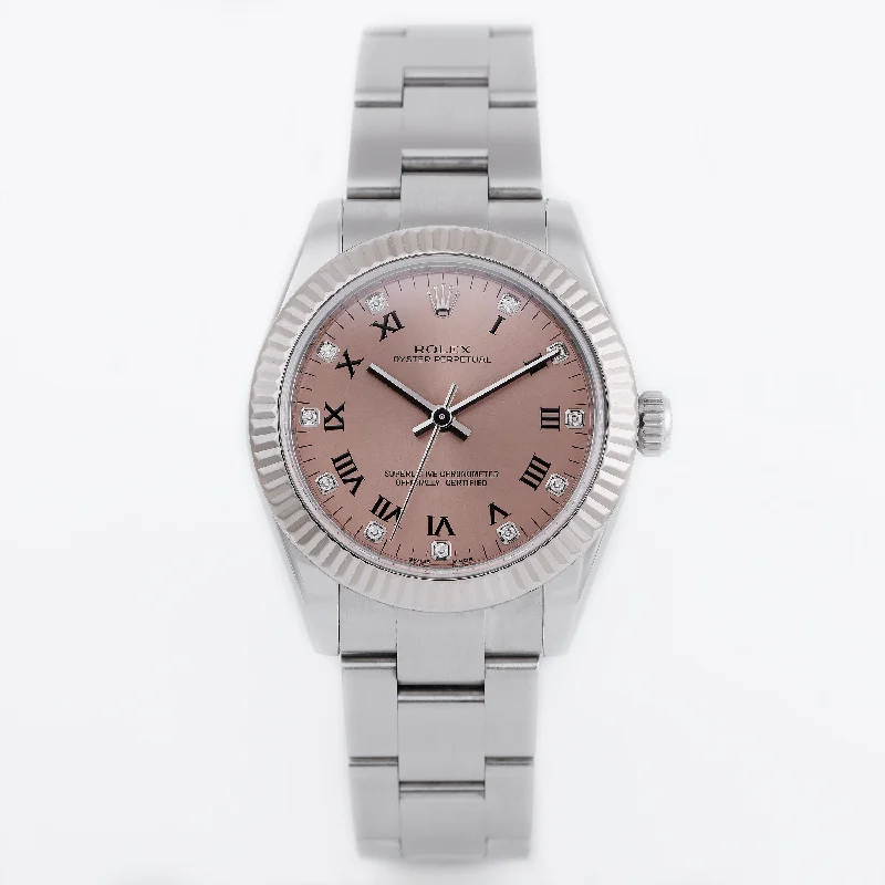 Rolex Datejust vs Day-Date comparison for men's dress watches -Rolex Oyster Perpetual 31 | REF. 177234 | Salmon Dial | Roman Numerals & Diamond Hour | Stainless Steel & 18k White Gold Bezel | Box & Papers | 2007