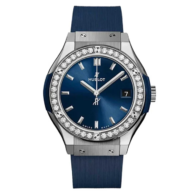 Men's Quartz Watches with Hygrometer Feature-HUBLOT, CLASSIC FUSION TITANIUM BLUE DIAMONDS