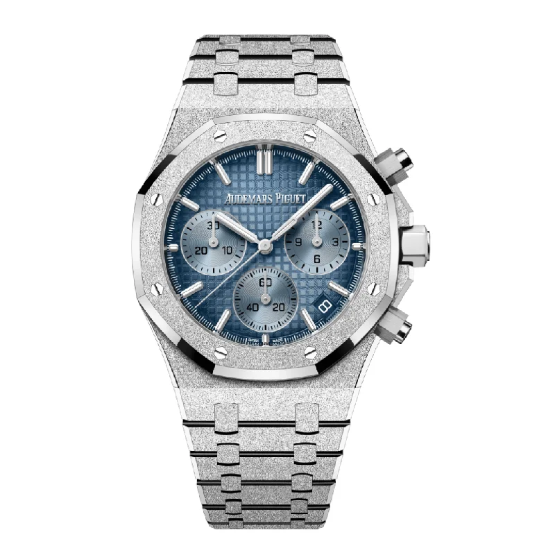 Men's Audemars Piguet Party Wear Watches-Audemars Piguet Royal Oak 26240BC.GG.1324BC.02 Chronograph Frosted White Gold Light Blue Dial