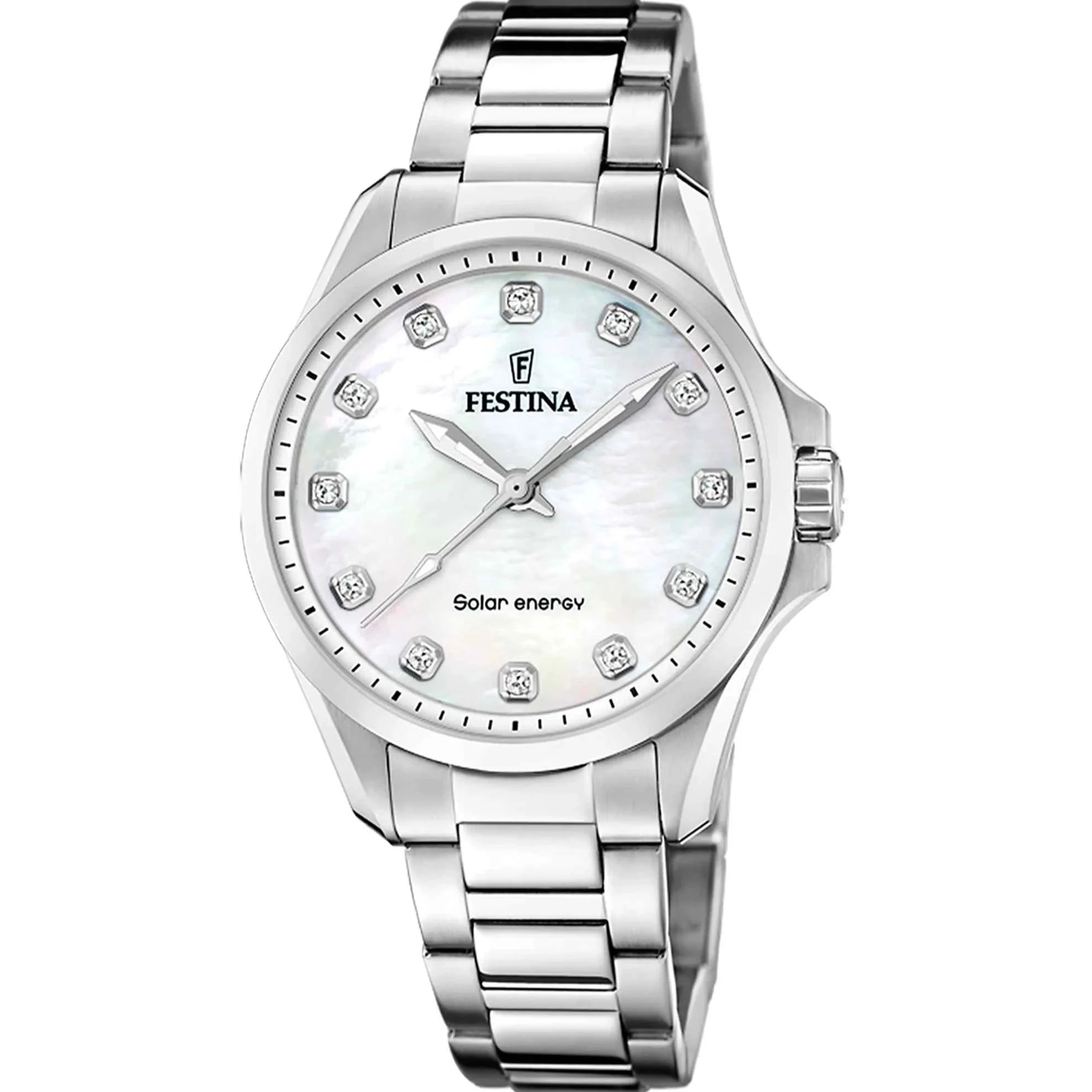 Men's Local Brand Dress Watches for Community Support-Festina Solar Energy Ladies Mother Of Pearl Watch F20654/1