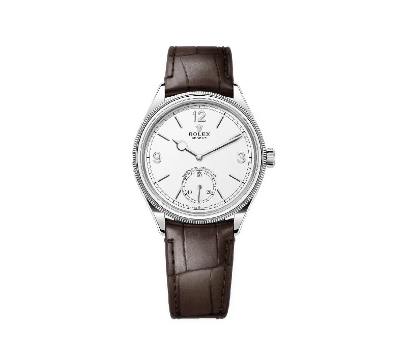 men's Rolex watches with stainless steel bands -​39mm 18k White Gold White Dial Open Case Back Caliber 7140