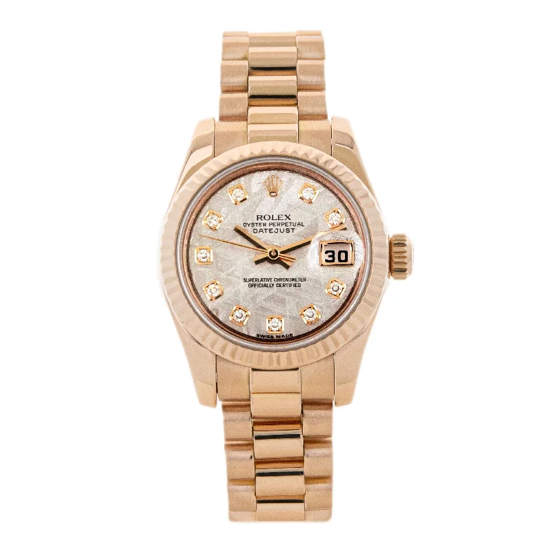men's Rolex watches with slide rule bezel -​Rolex Lady Datejust Rose Gold Meteorite Diamond Dial 26mm 179175F Full Set