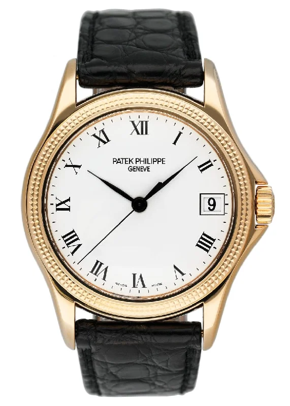 Men's Patek Philippe Watches with Stainless Steel Cases-Patek Philippe Calatrava 5117J 18K Yellow Gold Mens Watch Box Papers