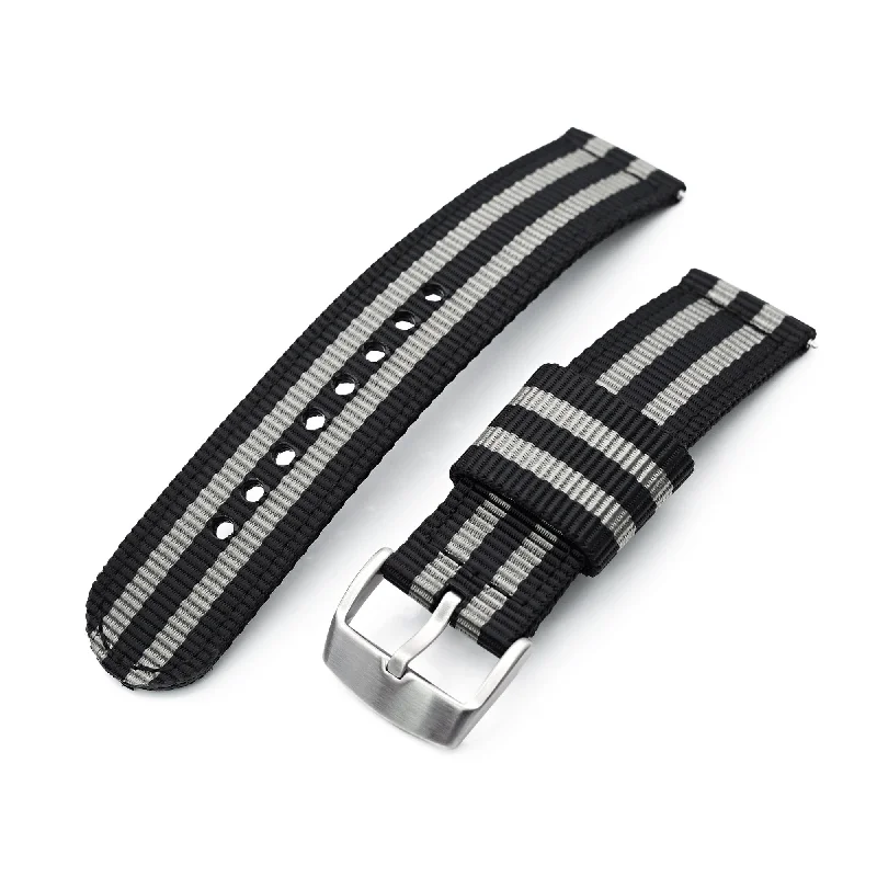 Men's Military Watches with Shot Detection-22mm 2-pcs Nylon Watch Band, Quick Release, Black & Grey Stripes, Brushed Buckle