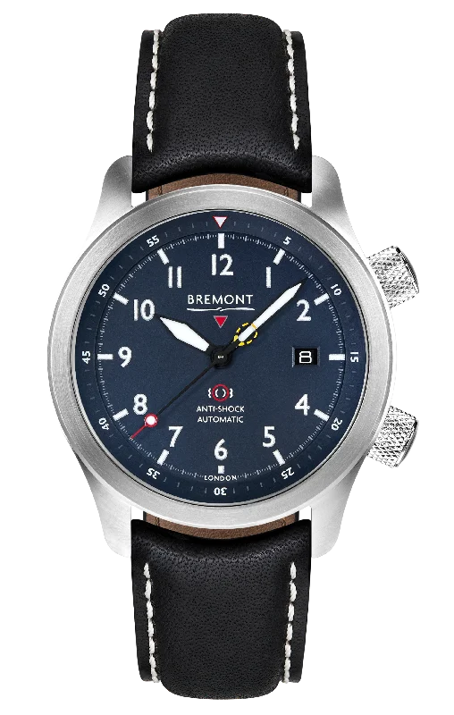 Men's Military Watches with Dual Time Zones-MBII Custom Stainless Steel, Blue Dial with Dark Blue Barrel & Closed Case Back