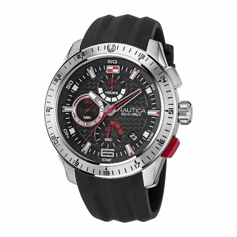 Women's Chronograph Watches with Personalized Engraving-Nautica NST Black Dial Round Case Quartz Chronograph Analog Men Watch
