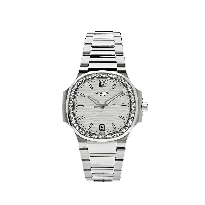 Men's Patek Philippe Watches for Emergency Signaling-Patek Philippe Nautilus 7118/1200A-010 'Ladies' Stainless Steel Silver Dial Diamond Bezel (2024)