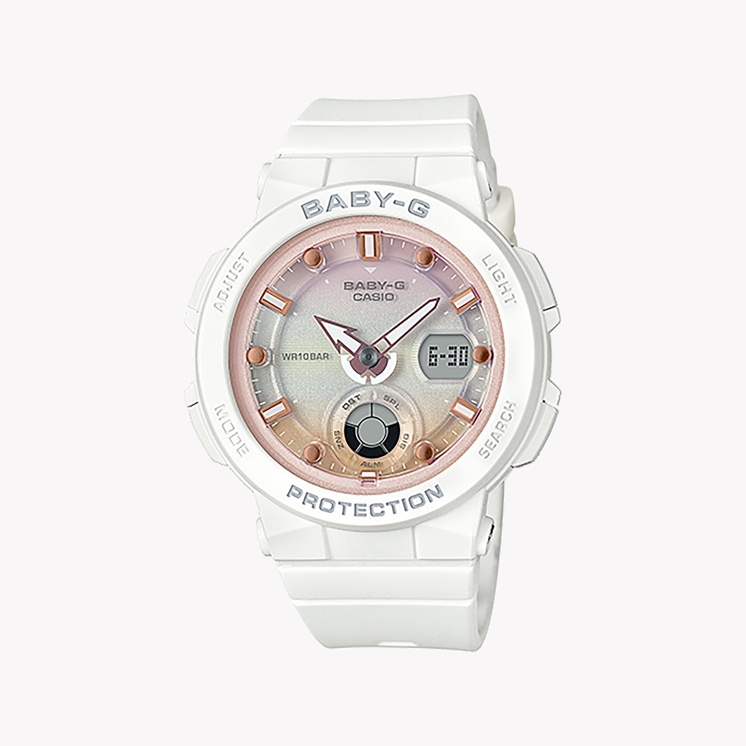 Men's Digital Watches with Hygrometer Feature-BABY-G BGA-250-7A2DR - SUMMER ESCAPADE - Chic Sporty Women's Watch in White Resin with Neon Display