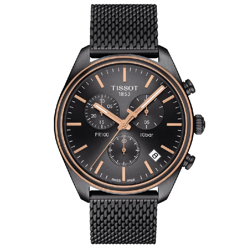 Women's Chronograph Watches for Collectors-Tissot PR 100 Chronograph 41mm Anthracite Dial Gun & Rose Gold PVD Steel Gents Quartz Watch T1014172306100