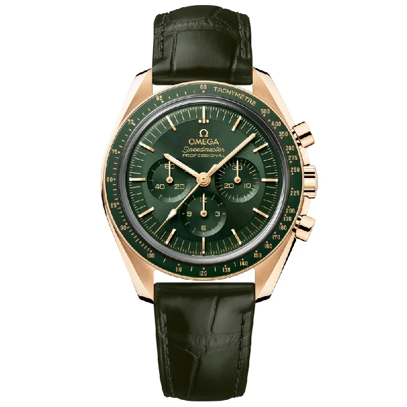Women's Chronograph Watches for Modern Aviation-OMEGA Speedmaster Moonwatch Professional Chronograph 42mm Green Dial 18ct Yellow Gold Manual Wound Gents Watch 31063425010001