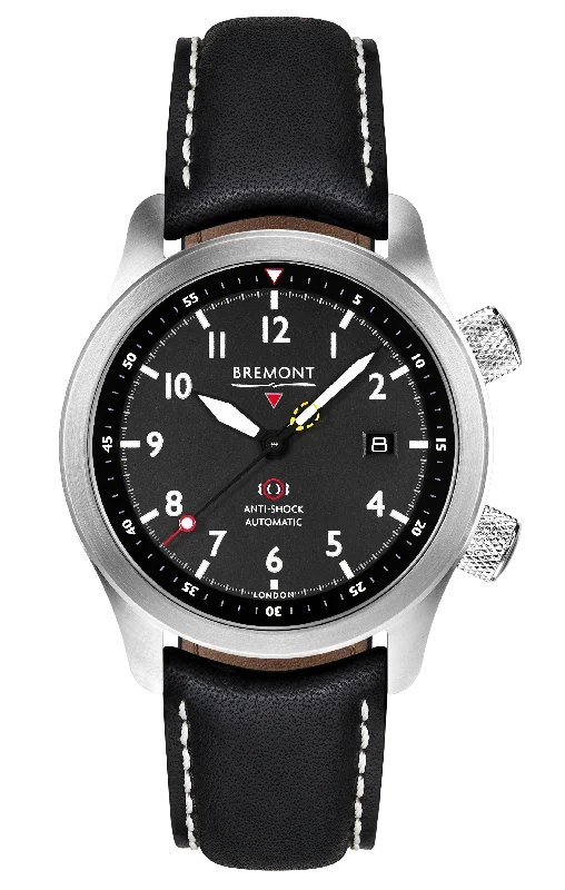 Men's Military Watches for Living History Events-MBII Custom Stainless Steel, Black Dial with Dark Blue Barrel & Open Case Back