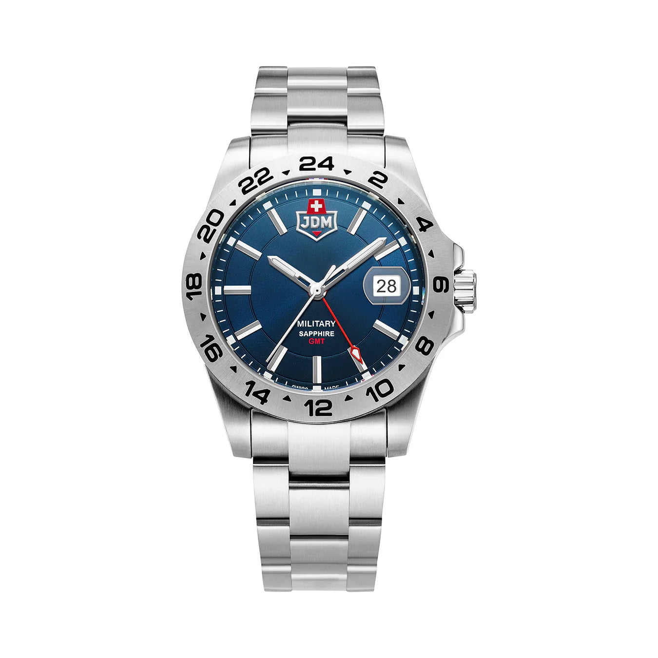 Men's Military Watches with Embassy Staff-JDM Military Delta 24 Men's Blue Dial Watch JDM-WG018-01 – Swiss Made, 42mm, Sapphire Crystal, Date Function, 10 ATM, Stainless Steel Bracelet