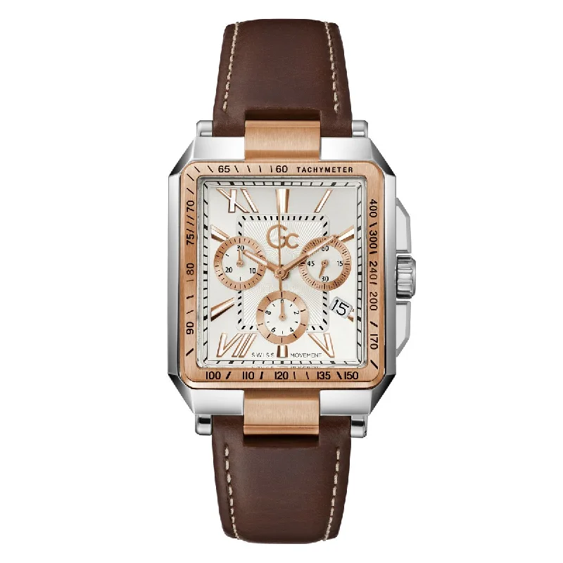 Women's Chronograph Watches for Birthday Gifts-Gc Sport Chic White Dial Rectangle Case Quartz Chronograph Men Watch