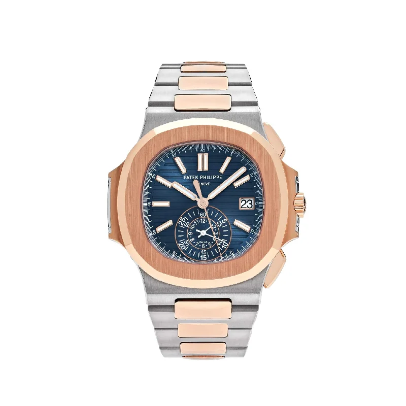 Men's Patek Philippe Watches with Special Editions-Patek Philippe Nautilus 5980/1AR-001 Chronograph Stainless Steel Rose Gold Blue Dial (2019)