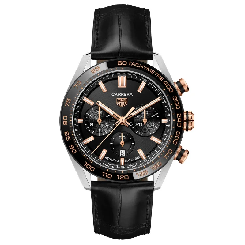 Women's Chronograph Watches for Technological Innovation-TAG Heuer Carrera 44mm Black Dial 18ct Rose Gold & Steel Automatic Chronograph Gents Watch CBN2A5A.FC6481