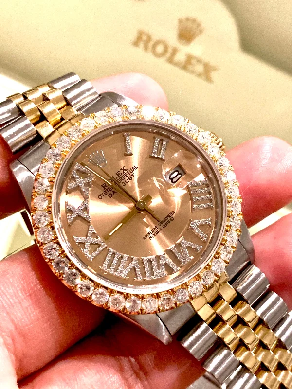 men's Rolex watches with guilloché dial -​16013 18k/Stainless steel Jubilee with Gold Roman Numeral Diamond dial 3ctw