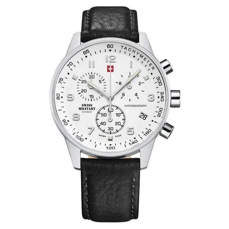 Men's Military Watches with Restoration Projects-Swiss Military Black Leather White Dial Chronograph Men's Watch - SM34012.06