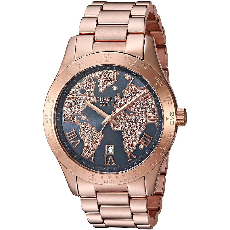 Women's Chronograph Watches with Laser Engraving-Michael Kors Women's MK6395 Layton World Map Crystal Rose-Tone Stainless Steel Watch