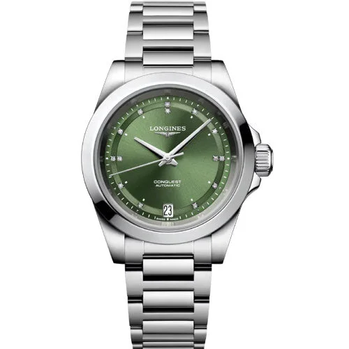 Women's Pilot Watches for Understated Elegance-Longines Conquest Sunray Green Dial Women 34mm