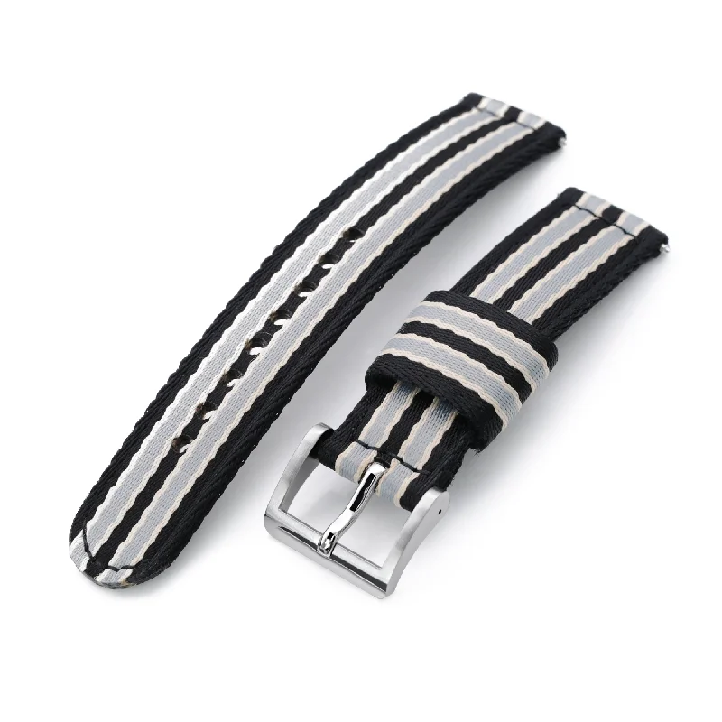 Men's Military Watches with Accelerometer-20mm 2-pcs Seatbelt Nylon Watch Band, Black, Grey and Khaki Stripes, Polished Buckle