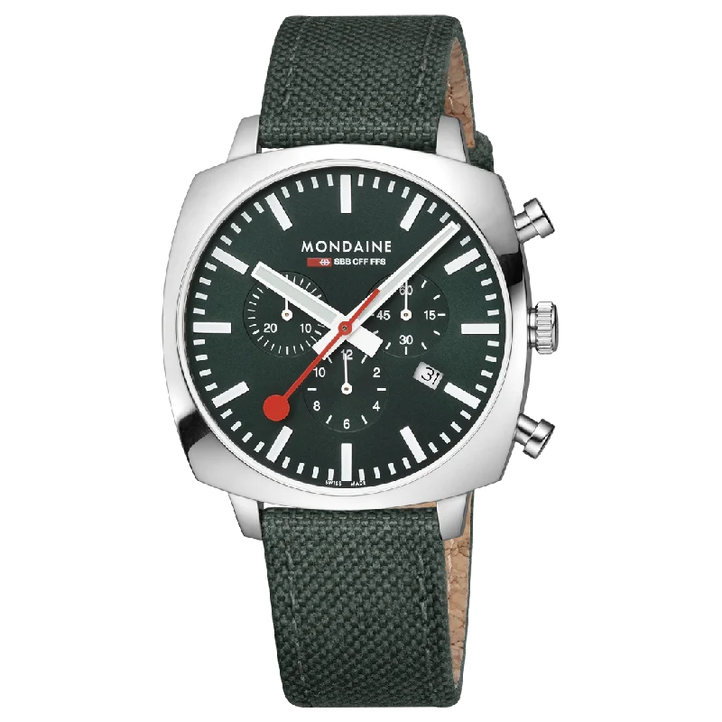 Men's Chronograph Watches with Anniversary Edition-MSL.41460.LF.SET Mondaine Official Swiss Railways Grand Cushion 41mm Forest Green Watch Set