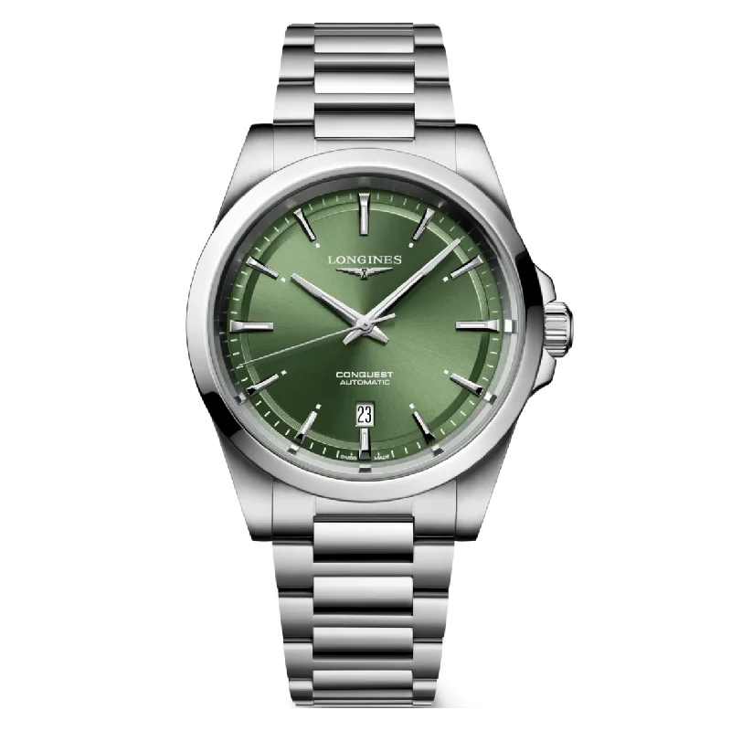 Women's Pilot Watches for Birthday Gifts-Longines Conquest Sunray green Dial Men 41mm