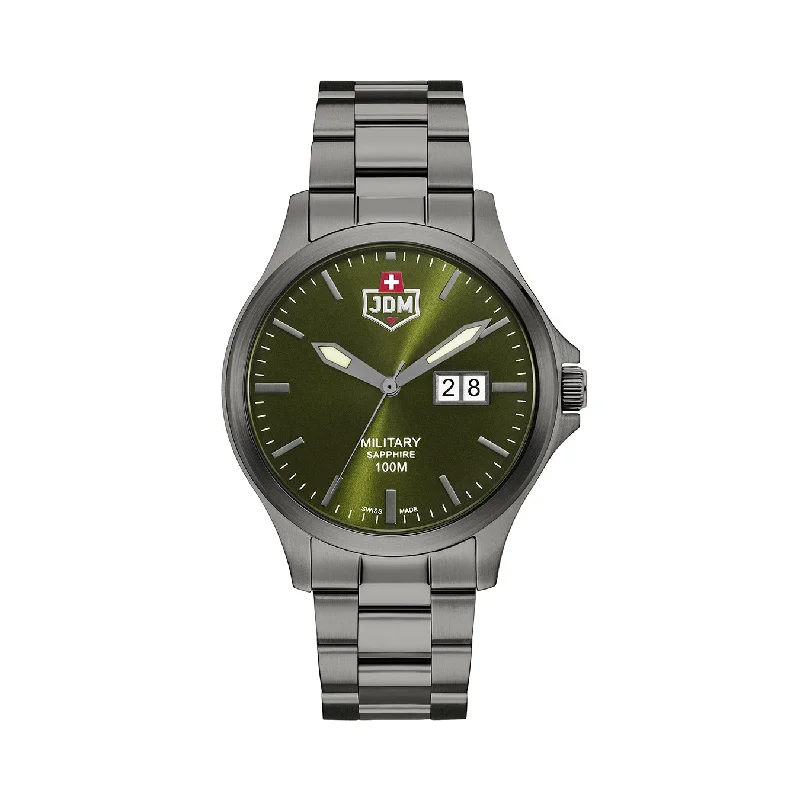 Men's Military Watches for Historical Conservation-JDM Military Alpha Big Date Men's Green Dial Watch JDM-WG014-05 – Swiss Made, 42mm, Stainless Steel, Sapphire Crystal, Quartz, 10 ATM