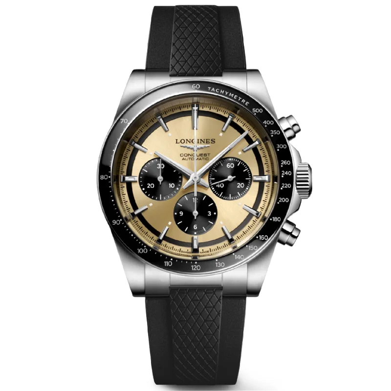 Women's Pilot Watches with Laser Engraving-Longines Conquest Chronograph Sunray Brown & Black Dial Men 42mm