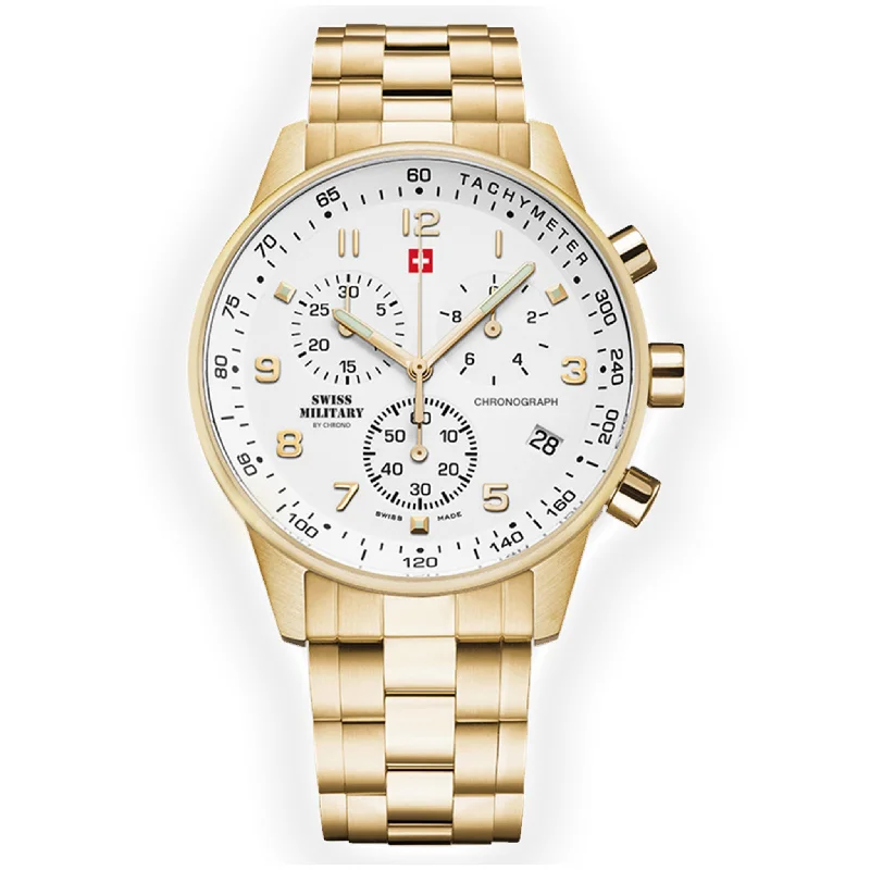 Men's Military Watches for Emergency Response Teams-Swiss Military Gold Stainless Steel White Dial Chronograph Men's Watch - SM34012.03