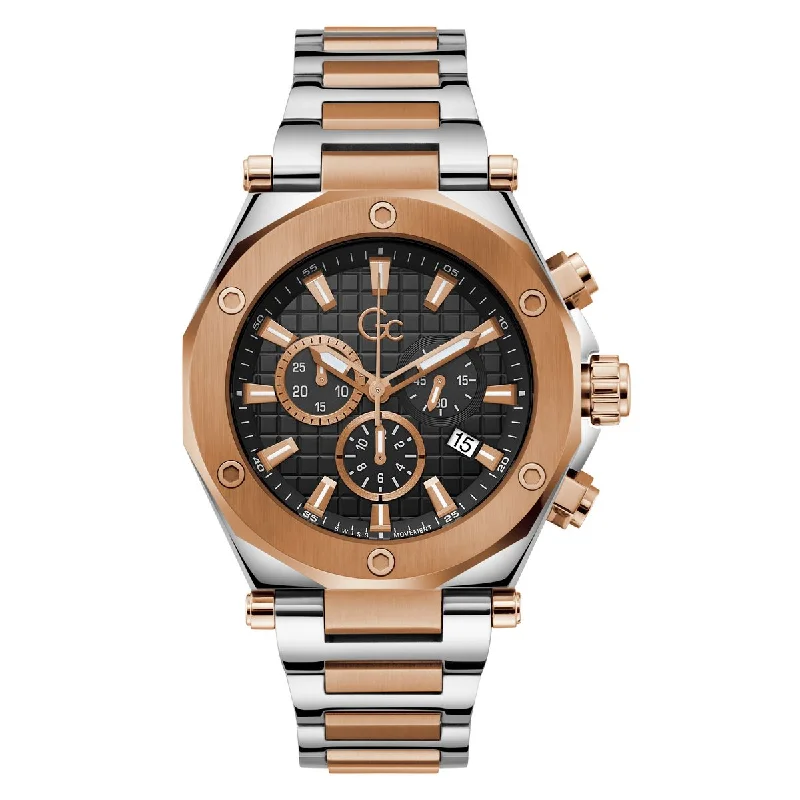 Women's Chronograph Watches for Modern Design-Gc Black Dial Round Case Quartz Analog Men Watch
