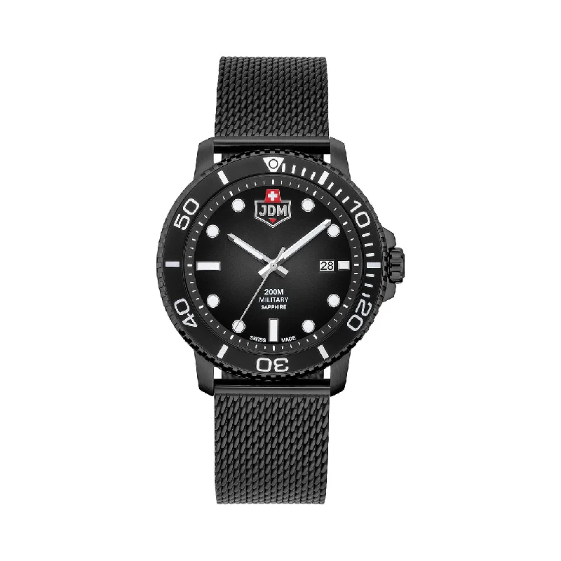Men's Military Watches with Visa Services-JDM Military Tango Men's Black Steel Mesh Watch JDM-WG008-05 – Swiss Made, 44mm, Sapphire Crystal, 20 ATM, Date Function