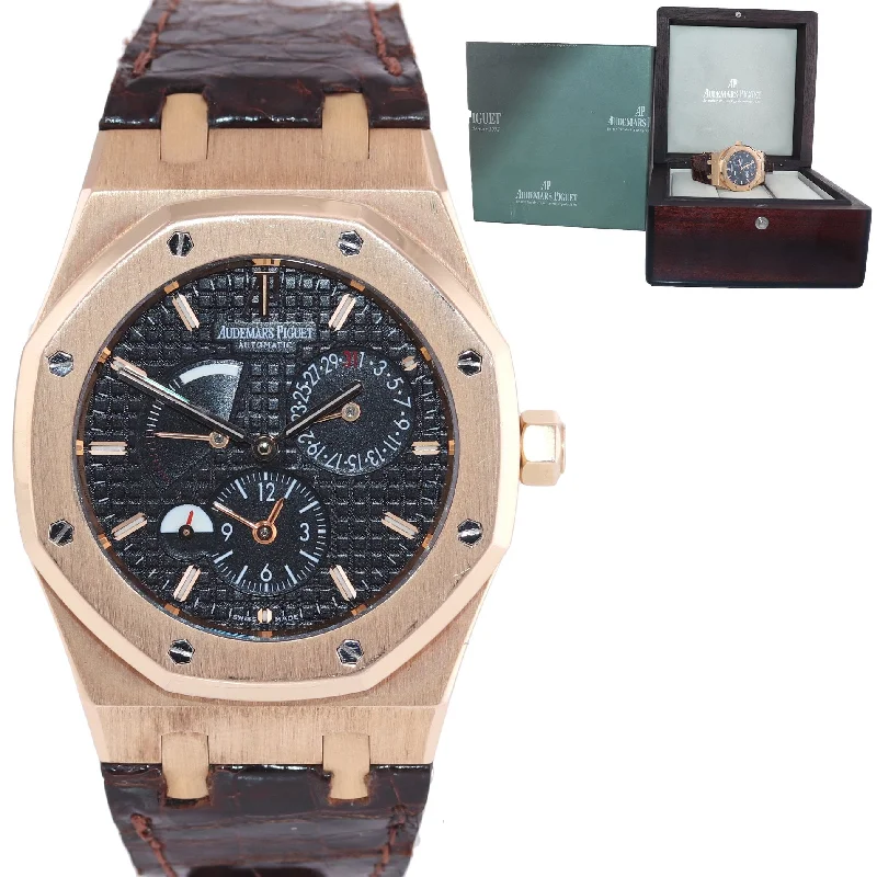Audemars Piguet Tonneau Case Watches for Women-Audemars Piguet Royal Oak Dual Time Power Reserve 39mm Black Rose Gold 26120OR