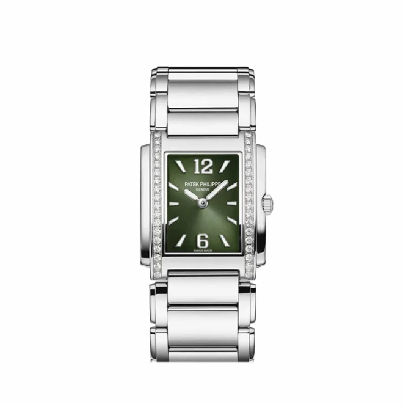 Men's Patek Philippe Watches with Hygrometer Feature-Patek Philippe Twenty-4 4910/1200A-011 'Ladies' Stainless Steel Green Diamond Dial Quartz