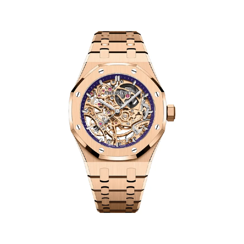 Men's Audemars Piguet Hybrid Style Watches-Audemars Piguet Royal Oak Openworked 15467OR.OO.1256OR.02 Double Balance Wheel Rose Gold Purple Inner Bezel