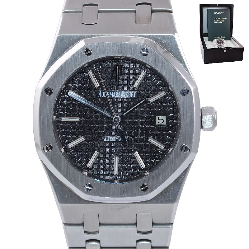 Women's Audemars Piguet Elegant Style Watches-MINT Audemars Piguet Royal Oak Black Stick Dial 39mm Steel 15300 Date Watch Box