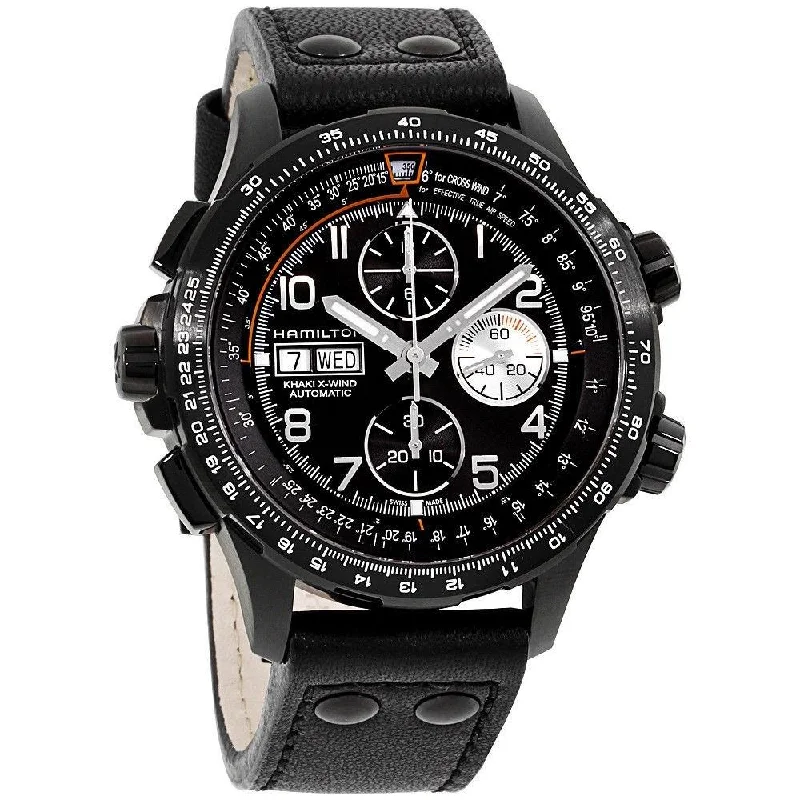 Men's Chronograph Watches with Limited Edition-Hamilton Men's H77736733 Khaki Aviation X-Wind Chronograph Automatic Black Leather Watch