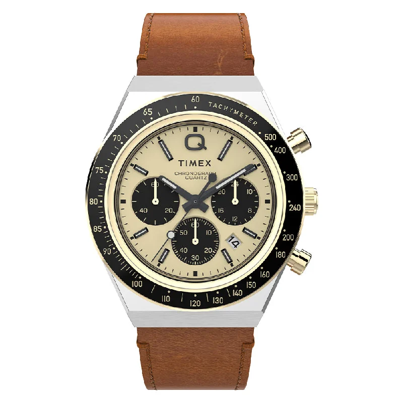 Men's Chronograph Watches with Barometer Calibration-Q Timex Chronograph 40mm Leather Band