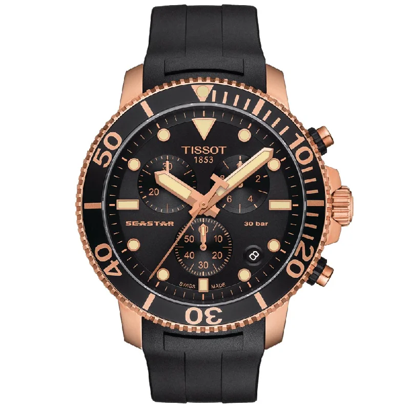 Women's Chronograph Watches for Temperature Monitoring-Tissot Seastar 1000 Chronograph 45.5mm Black Dial Rose Gold PVD Steel Gents Quartz Watch T1204173705100