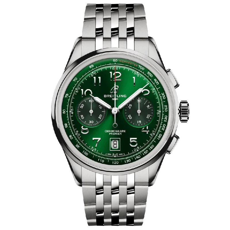 Women's Chronograph Watches with Vintage Inspiration-Breitling Premier B01 Chronograph 42mm Green Dial Automatic Gents Watch AB0145371L1A1