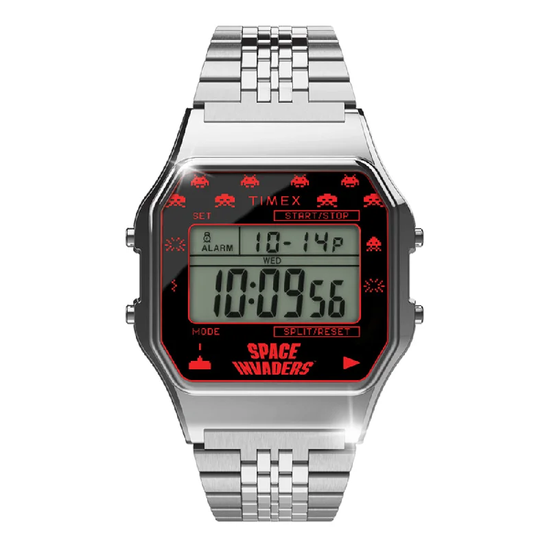 Women's Flieger Watches for Navigation-Timex 80 Space Invaders Digital 34mm Stainless Steel Band
