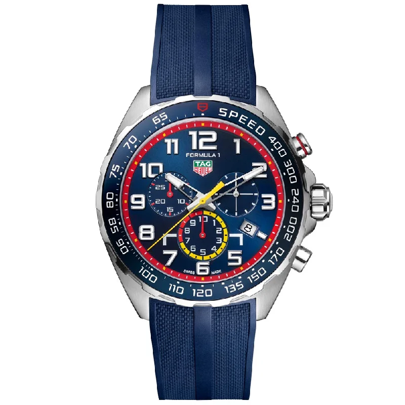Women's Chronograph Watches with Altimeter Calibration-TAG Heuer Formula 1 Red Bull Racing Special Edition 43mm Blue Dial Quartz Chronograph Gents Watch CAZ101AL.FT8052